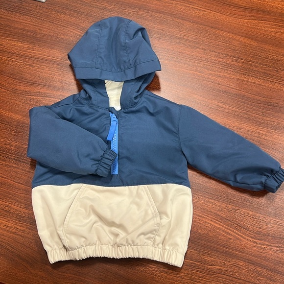 Color-Block Hooded 1/2 Zip Windbreaker Pullover - Navy and Khaki - Picture 1 of 6